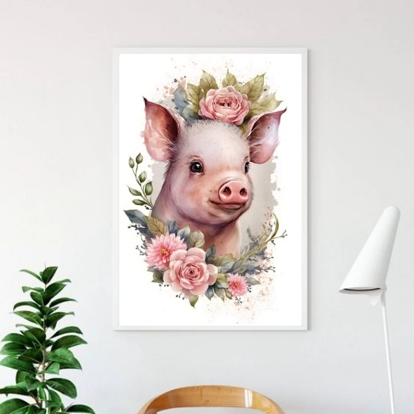 Quadro Porquinho Floral - Aquarela 33x24cm - Com Vidro Moldur