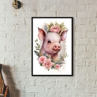 Quadro Porquinho Floral - Aquarela 33x24cm - Com Vidro Moldur