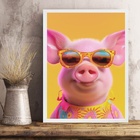 Quadro Porquinho Humano - Óculos 33x24cm Moldura Branca