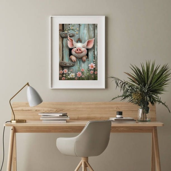 Quadro Porquinho Sorridente - 60x48cm Moldura:madeira Preta