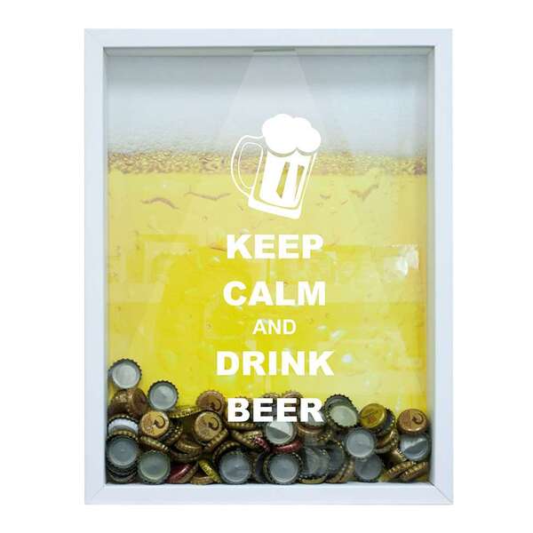 Quadro Porta Tampinhas De Cervejas Keep Calm 22x37cm Branco