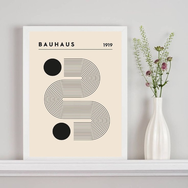 Quadro Poster Bauhaus Minimalista Bege 24x18cm Moldura:madeir