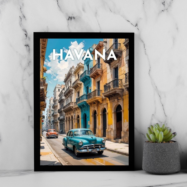 Quadro Poster Cuba Havana - Carros Antigos 33x24cm - Com Vidr
