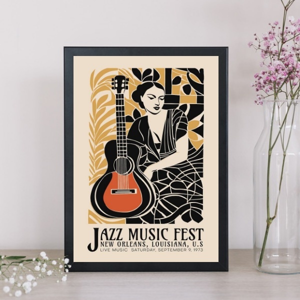 Quadro Poster Jazz Mulher Com Violão 24x18cm - Com Vidro Mold