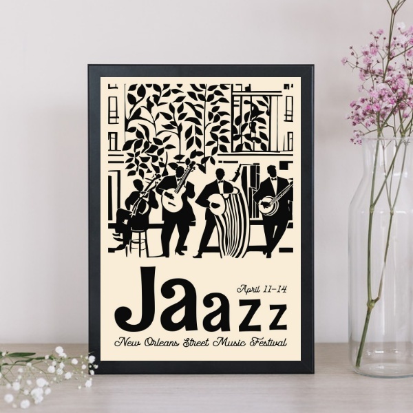 Quadro Poster Jazz Preto E Bege 33x24cm Moldura Preta