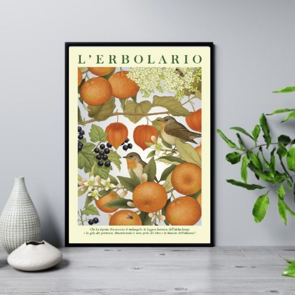 Quadro Poster Passarinhos Com Frutas 45x34cm Moldura Branca