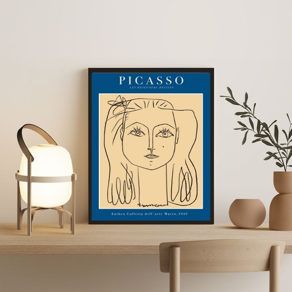 Quadro Poster Picasso Minimalista Azul mulher 33x24cm Moldura