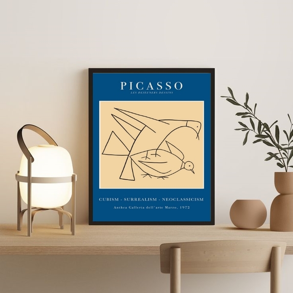 Quadro Poster Picasso Minimalista Azul pássaros 33x24cm - Com