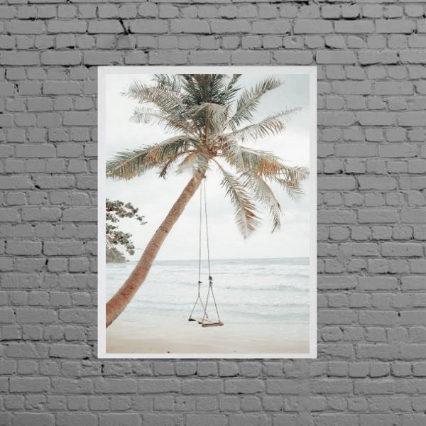 Quadro Praia Coqueiro Balanço 33x24cm Moldura:madeira Preta