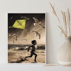 Quadro Praia - Menino Com Pipa 24x18cm Moldura Branca