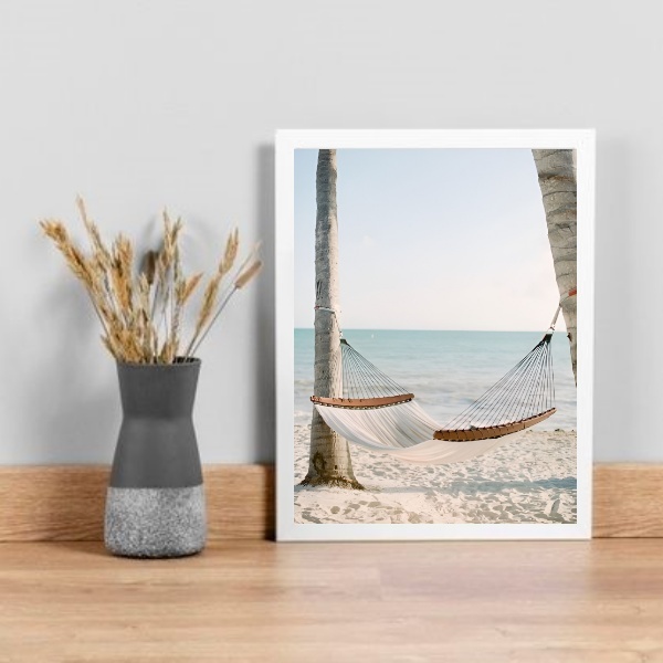 Quadro Praia Rede Relax 24x18cm - Com Vidro Moldura:madeira Preta