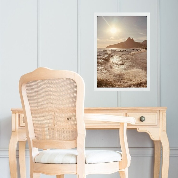 Quadro Praia Rio De Janeiro Bege Dourado 33x24cm - Com Vidro