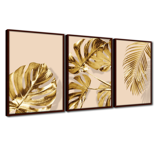 Quadro Premium Textura Cx Alta Folhas Ouro Em Bege 3un 40x60