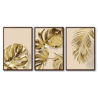 Quadro Premium Textura Cx Alta Folhas Ouro Em Bege 3un 40x60