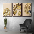Quadro Premium Textura Cx Alta Folhas Ouro Em Bege 3un 40x60
