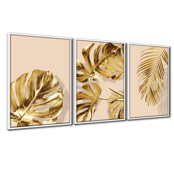 Quadro Premium Textura Cx Alta Folhas Ouro Em Bege 3un 40x60