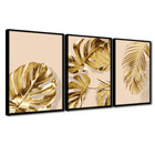 Quadro Premium Textura Cx Alta Folhas Ouro Em Bege 3un 40x60