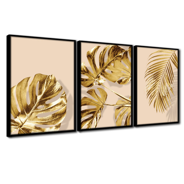 Quadro Premium Textura Cx Alta Folhas Ouro Em Bege 3un 40x60
