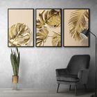 Quadro Premium Textura Cx Alta Folhas Ouro Em Bege 3un 40x60