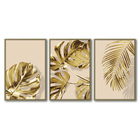 Quadro Premium Textura Cx Alta Folhas Ouro Em Bege 3un 40x60
