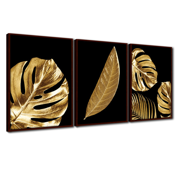Quadro Premium Textura Cxalta Folha Ouro Em Preto1 3un 40x60