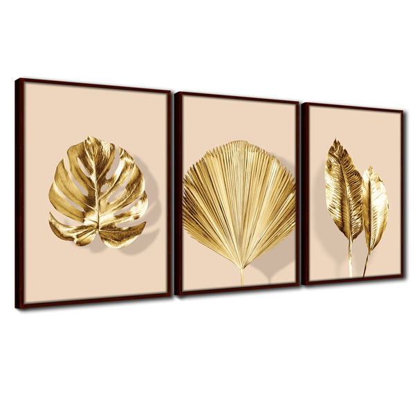 Quadro Premium Textura Cxalta Folhas Ouro Em Bege2 3un 40x60