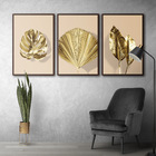 Quadro Premium Textura Cxalta Folhas Ouro Em Bege2 3un 40x60