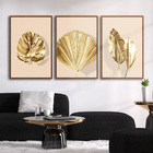 Quadro Premium Textura Cxalta Folhas Ouro Em Bege2 3un 40x60