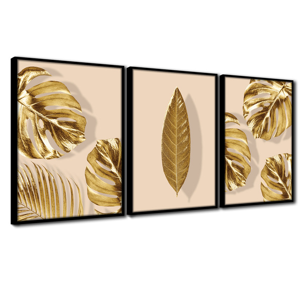 Quadro Premium Textura Cxalta Folhas Ouro Em Bege3 3un 40x60
