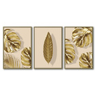 Quadro Premium Textura Cxalta Folhas Ouro Em Bege3 3un 40x60