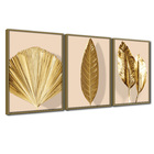 Quadro Premium Textura Cxalta Folhas Ouro Em Bege4 3un 40x60
