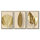 Quadro Premium Textura Cxalta Folhas Ouro Em Bege4 3un 40x60