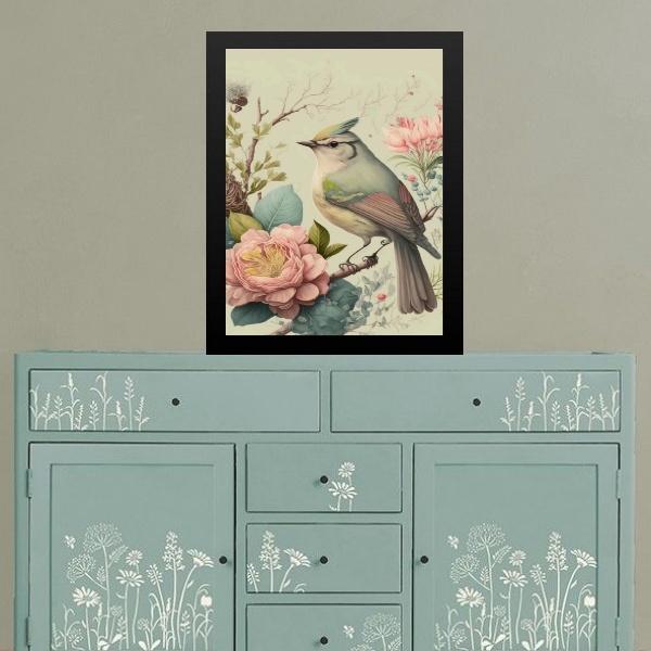 Quadro Provençal Pássaro Com Flores 24x18cm Moldura Branca
