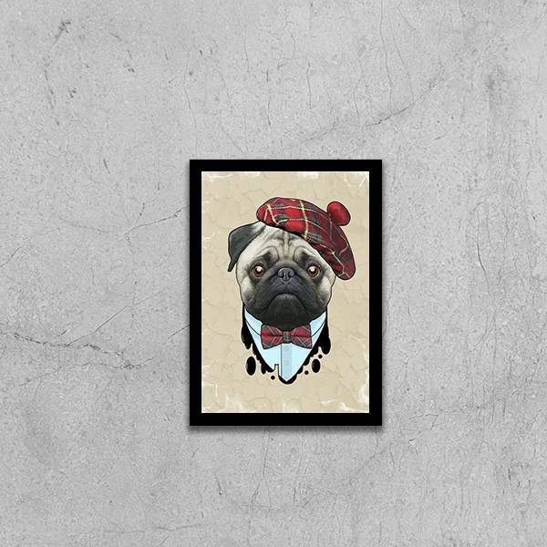 Quadro Pug Boina 24x18cm - Com Vidro Moldura:madeira Preta