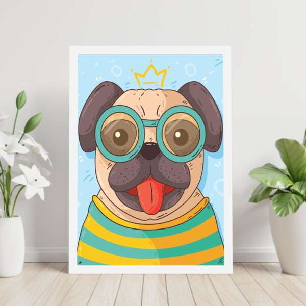Quadro Pug De Óculos 24x18cm Moldura:madeira Preta