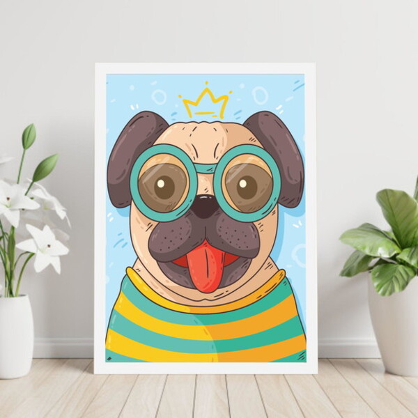 Quadro Pug De Óculos 33x24cm - Com Vidro Moldura:madeira Preta