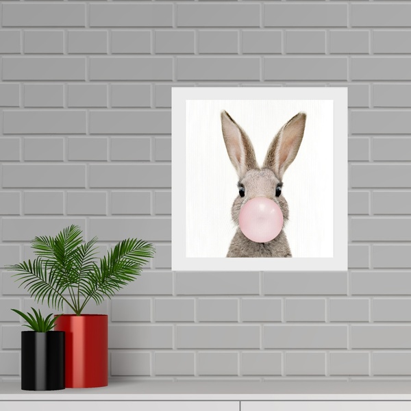 Quadro Quadrado Coelho Chiclete - 33x33cm - Com Vidro  Moldur