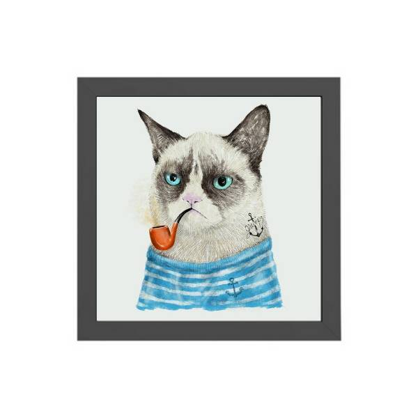 Quadro Quadrado Gatinho Marinheiro 20x20cm Moldura:madeira Pr