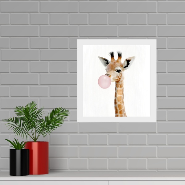 Quadro Quadrado Girafinha Chiclete - 33x33cm Moldura Branca