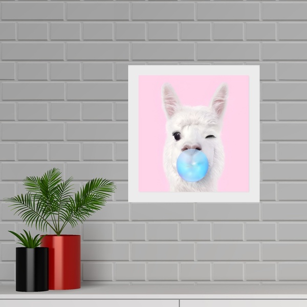 Quadro Quadrado Lhama Chiclete - 33x33cm - Com Vidro Moldura