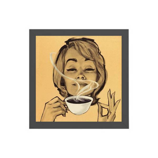 Quadro Quadrado Retrô Mulher Com Café 20x20cm Moldura:madeira