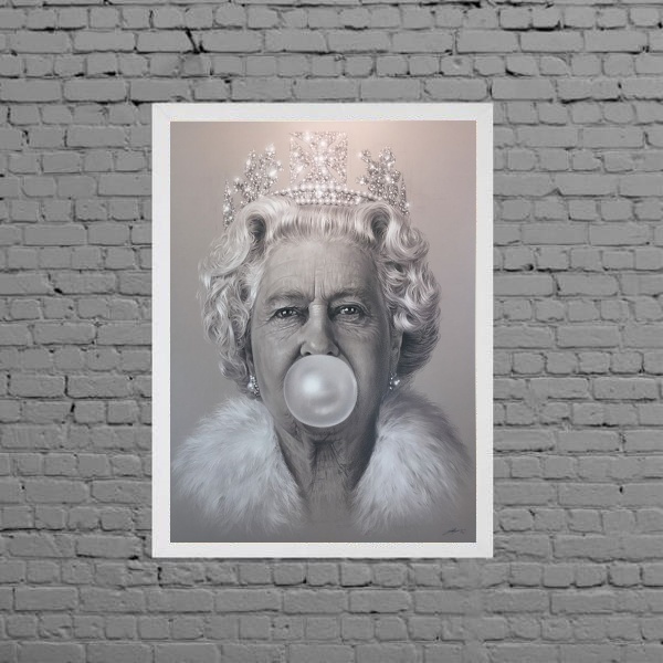 Quadro Rainha Elizabeth Bubble Gum 45x34cm - Com Vidro Moldur