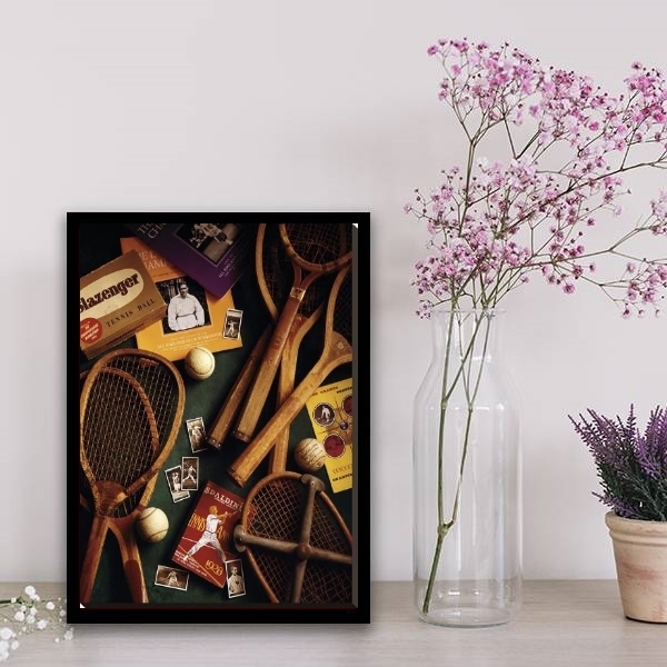 Quadro Raquetes Tênis Vintage 33x24cm Moldura:madeira Branca