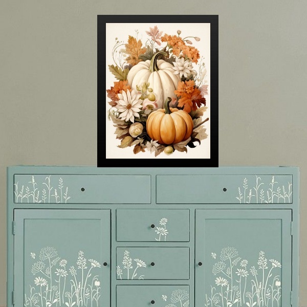 Quadro Retrô Cozinha - Abóbora Flores 45x34cm Moldura Preta