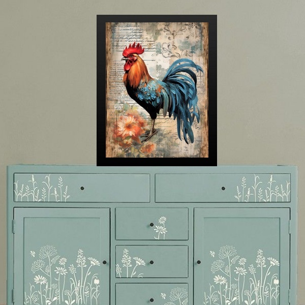 Quadro Retrô Cozinha - Galo Country 24x18cm - Com Vidro Moldu