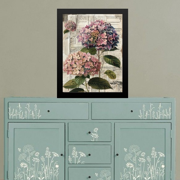 Quadro Retrô Flores Hortências 45x34cm - Com Vidro Moldura Pr