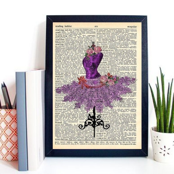 Quadro Retrô Manequim Costura Vestido Flores 24x18cm Moldura: