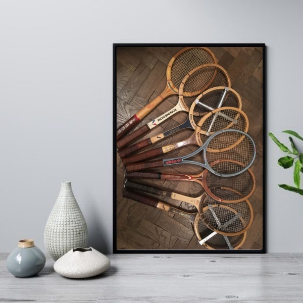 Quadro Retrô Tênis - Fotos Raquetes 33x24cm - Com Vidro Moldu