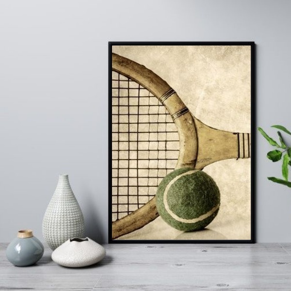 Quadro Retrô Tênis - Raquete E Bola 45x34cm Moldura:madeira B