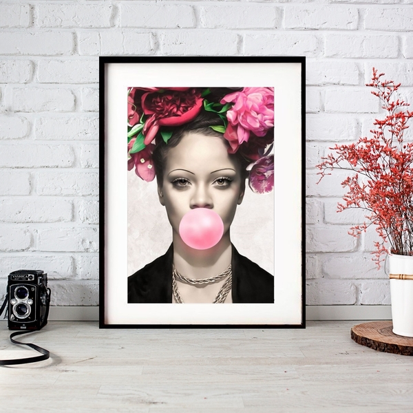 Quadro Rihanna Bubble Gum Flores 60x48cm Moldura:madeira Preta